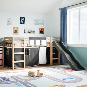 Letto A Soppalco Bambini Con Tende Bianco E Nero 90x190 Cm Pino /