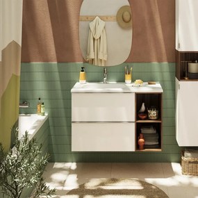 Mobile sottolavabo e lavabo con organizer per cosmetici Modern per vasca a sinistra bianco e noce in truciolare L 80 x H 55 x P 45 cm 2 cassetti, top incluso