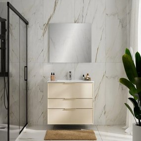 Mobile da bagno sospeso Quadra avorio con lavabo in ceramica bianco vasca centrale base con 3 cassetti a chiusura ammortizzata (estrazione parziale), con maniglia in alluminio laccato avorio L81 H75 P46