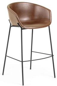 Kave Home - Sgabello Yvette in pelle sintetica marrone e gambe in acciaio nero altezza 75 cm