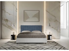 Letto contenitore da 160x200 in legno bianco e testata in microfibra blu Kaia