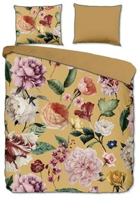 Set copripiumino e federa giallo ocra in raso di cotone per letto matrimoniale ed esteso 240x220 cm Fiori – Descanso