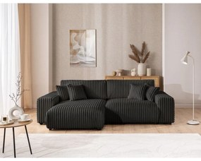 Divano angolare con penisola a sinistra grigio scuro e rivestimento in velluto a coste allungabile e con contenitore Sarina – Ropez