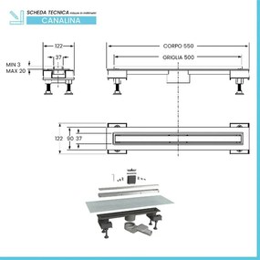 Canalina doccia 50 cm in alluminio reversibile scarico centrale, sifone e piletta inclusi