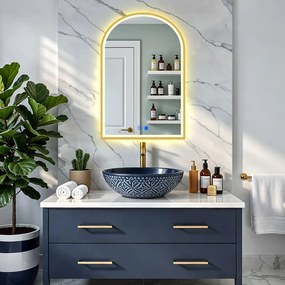 Specchio LED dalla forma irregolare con cornice in alluminio dorato