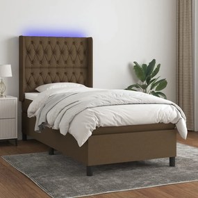 Letto a molle materasso e led marrone scuro 90x190cm in tessuto