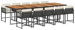 Set da pranzo da giardino 11 pz con cuscini in polyrattan nero