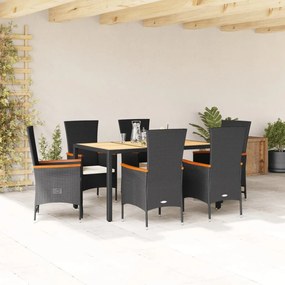 Set da pranzo da giardino 7 pz nero con cuscini in polyrattan