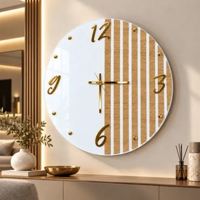 Orologio Parete Tondo 65 cm Vetro Bianco Doghe Rovere e Numeri Oro