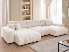 Divano angolare color crema allungabile/con contenitore (a U) rivestito in velluto a coste Sarina – Ropez