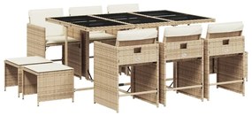 Set da pranzo da giardino 11 pz con cuscini beige in polyrattan