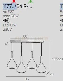 Sospensione ottone sat. 4 luci rettangolare vetri ambra 1177os-s4 r-am