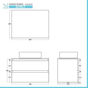 Mobile bagno sospeso 80 cm ossido e rovere con top lavabo e specchio Kleo