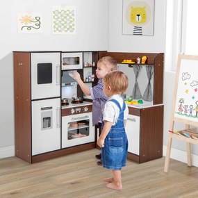 Costway Cucina giocattolo angolare con luci e suoni realistici sistema di circolazione dell'acqua, Cucina per bambini Marrone