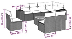 Set divano da giardino 9 pz con cuscini grigio in polyrattan