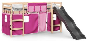 Letto a soppalco con tende bambini rosa 90x200 cm massello pino