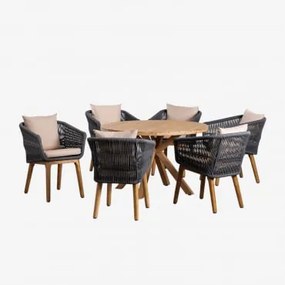 Set Composto Da Tavolo Rotondo In Legno (ø120 Cm) Naele E 6 Sedie Da Giardino Barker Grigio Antracite - Sklum