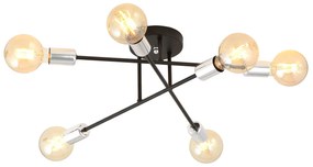 Plafoniera Industriale 6 Luci Diomede In Acciao Nero E Cromo Bracci Dritti