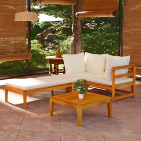Set divani giardino 3 pz cuscini bianco crema in legno d&#039;acacia