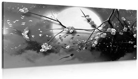 Stampa su tela – Rami dell'albero sotto la luna piena in bianco e nero