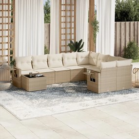 Set divano da giardino 10 pz con cuscini beige in polyrattan