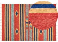 Tappeto Kilim multicolore in cotone 200 x 300 cm tessuto a mano a trama piatta reversibile con motivi geometrici e frange, tradizionale Boho, per il soggiorno e la camera da letto.