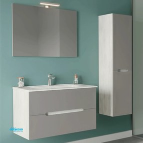 Mobile Bagno Sospeso "Iris" Da 100 Cm Composto Da Due Cassetti Lavabo E Specchio Con Lampada Led Finitura Rovere Bianco/Tortora Chiaro Opaco