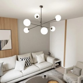Lampadario da Soffitto in Acciaio e Vetro LINEAR 6 Nero 6xE14 Colore delle Sfere Bianco