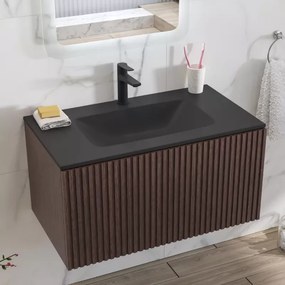 Mobile bagno sospeso 80cm effetto cannettato con lavabo nero KDS-80L - KAMALU