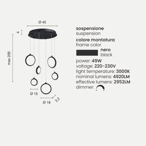 Lampada a sospensione in metallo verniciato 6 Luci NERO a Led PINTA