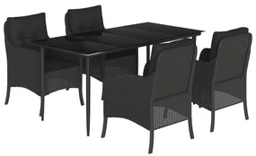 Set da pranzo da giardino 5 pz nero con cuscini in polyrattan