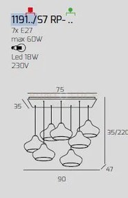 Sospensione bianco 7 luci rettangolare vetri (4 x piccolo am+ 3 x p...