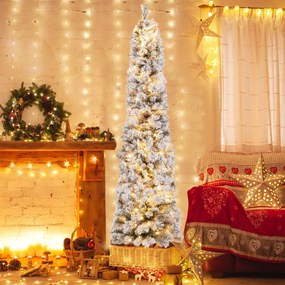 Costway Albero di Natale pre-illuminato con 150 luci bianche calde 373 rametti aghi di pino, Albero di Natale slim 180cm