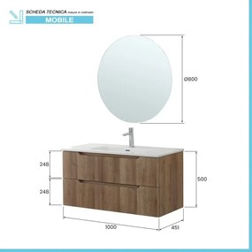 Mobile bagno sospeso 100 rovere cannettato doppi cassetto lavabo e specchio Wise