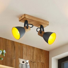 Lindby faretto da soffitto Merela, nero/oro, a 2 luci, legno, E14