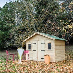 Casetta da giardino in legno Alby beige con porta doppio battente, superficie interna 9 m² e spessore parete 65 mm