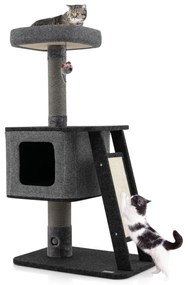Costway Torre per gatti a 3 livelli con rampa e colonne per graffiare e pallina tintinnante, Albero tiragraffi per gatti Grigio scuro