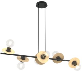 Lampadario 6 Luci Eos In Acciaio Nero E Legno Con Barra E Diffusori A Piatti