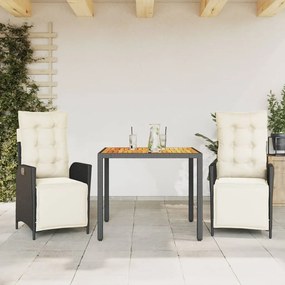 Set Da Pranzo Da Giardino 3 Pz Con Cuscini Nero İn Polyrattan /