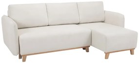 Divano letto angolare reversibile 3-4 posti in tessuto effetto velluto testurizzato beige e legno chiaro ROMANE