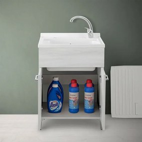 Mobile lavatoio 60x60 cm 2 ante rovere bianco con vasca in resina, asse lavapanni e kit di scarico