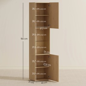 Mobile da Bagno a Colonna Slim 40x31x182H cm 6 Ripiani 2 Ante e Ripiano in Vetro Temperato in MDF Rovere...