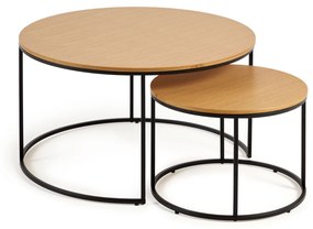 Kave Home - Set Yoana di 2 tavolini impiallacciati rovere e metallo verniciato nero Ã˜ 80 cm/Ã˜ 50 cm