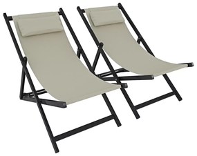 Set di 2 Sedie Sdraio Leggera Da Giardino Schienale Regolabile 5 Posizioni Pieghevole Ergonomica Con Cuscino Traspirante Struttura Nera In Alluminio Da Esterno Piscina Mare Portata 160 Kg (Beige)