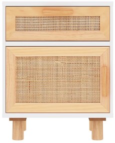 Comodini 2 pz bianchi legno massello di pino e rattan naturale