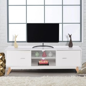 Costway Tavolo consolle TV moderno con ripiani e piedi in legno, Mobile da salotto con 2 scomparti e 2 ante Bianco