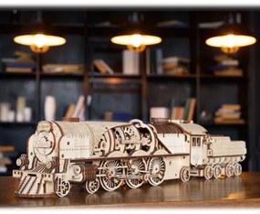 Ugears - 3D puzzle meccanico in legno V-Express locomotiva a vapore con carrello