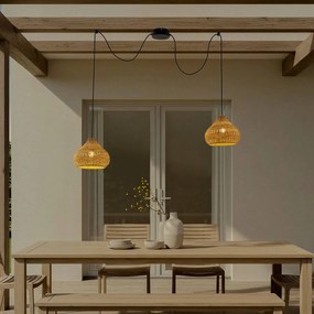 Lucande lampada a sospensione da esterno Taniola, 2 luci, beige, rattan, IP44 Taniola Lucande, dimmerabile, Legno chiaro, Legno, Campagna / Rustiche