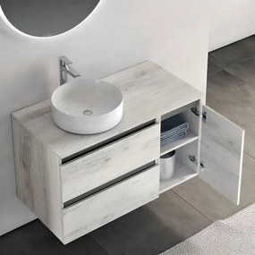 Mobile bagno sospeso 90 cm base doppio cassettone e lavabo CUBE2 Quercia Bianco