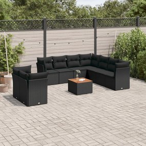 Set divani da giardino 10pz con cuscini in polyrattan nero